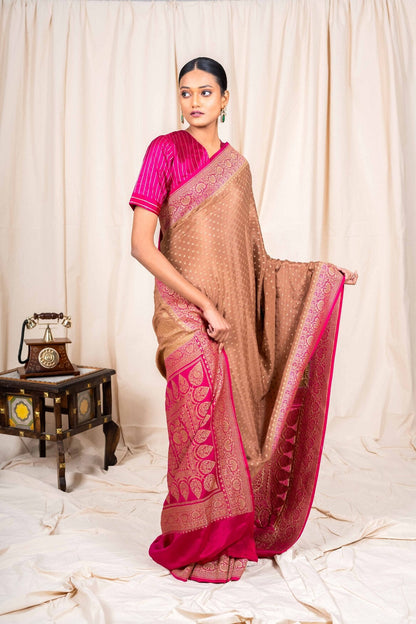 Dusky Chiku Crepe Silk Handwoven Banarasee Saree