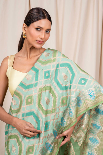 Pista Green Tussar Georgette Banarasee Handwoven Saree