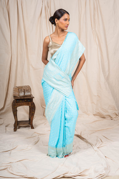 Sky Blue Crepe Silk Banarasee Saree