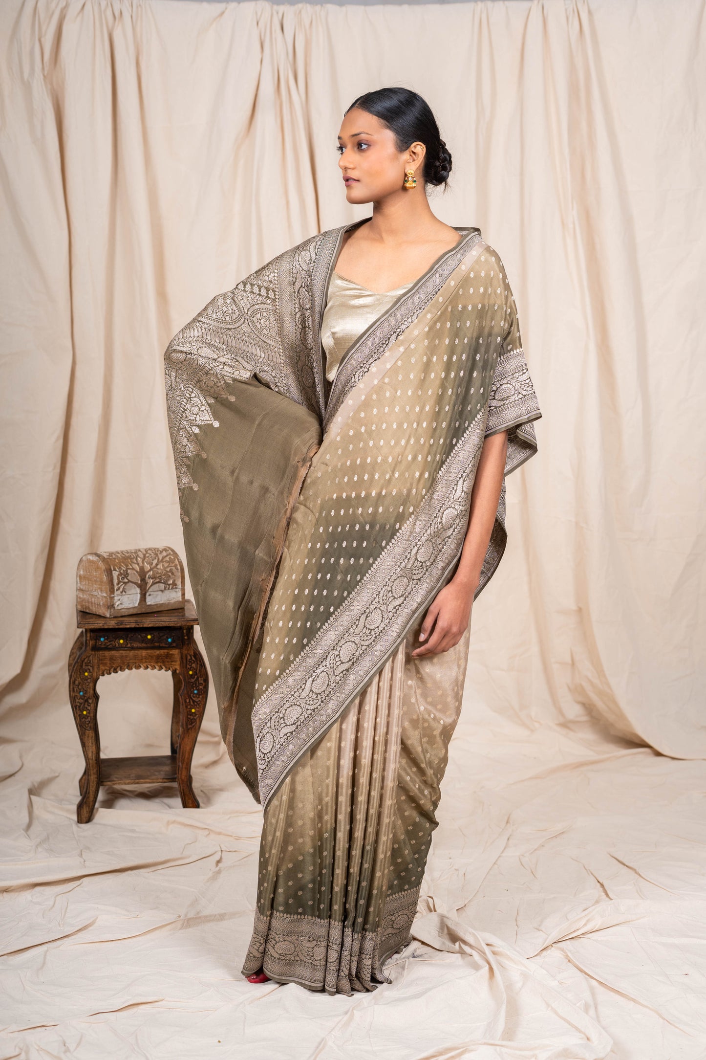 Dusky Chiku Crepe Silk Banarasee Saree