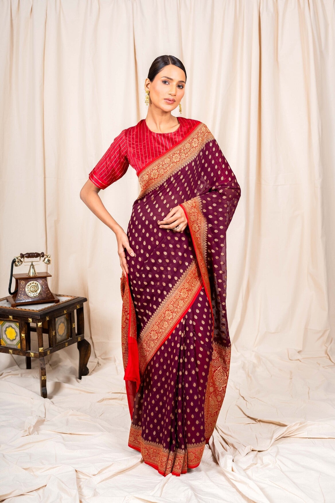 Wine Khaddi Georgette Handwoven Banaras Saree