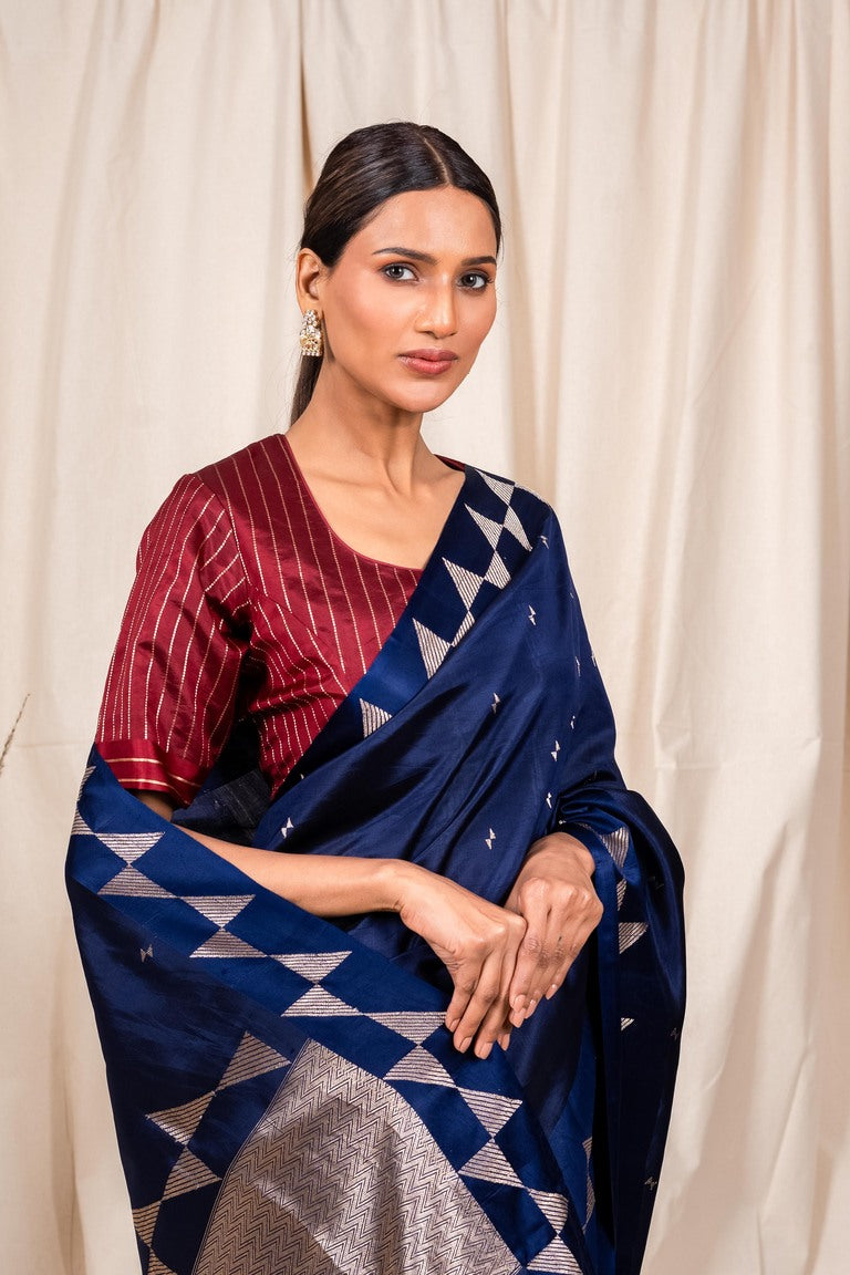 Navy Blue Soft Silk Handwoven Banaras Saree