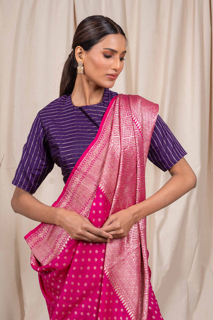 Rani Pink Tussar Georgette Banarasi Handwoven Saree