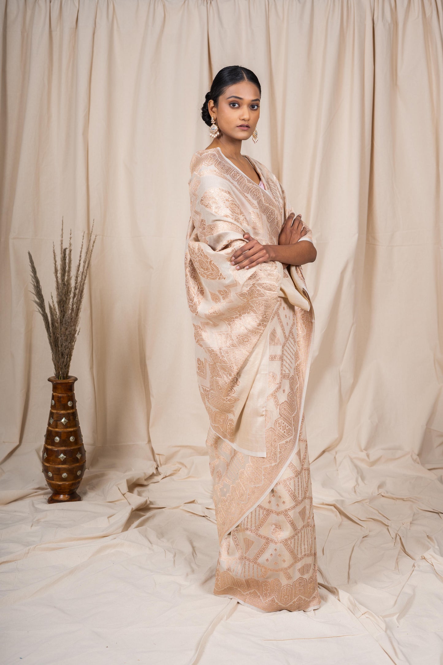 Cream Tussar georgette Banarasee Handwoven Saree