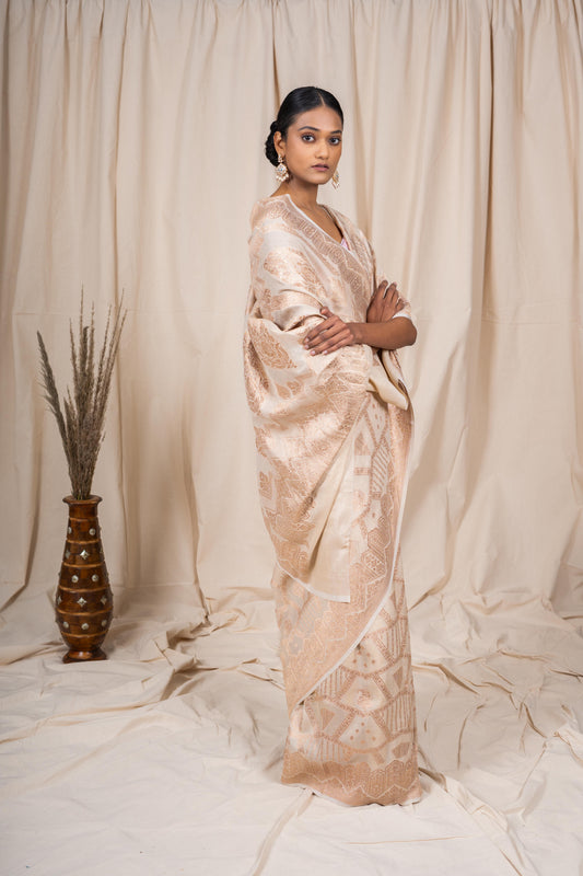 Cream Tussar georgette Banarasee Handwoven Saree