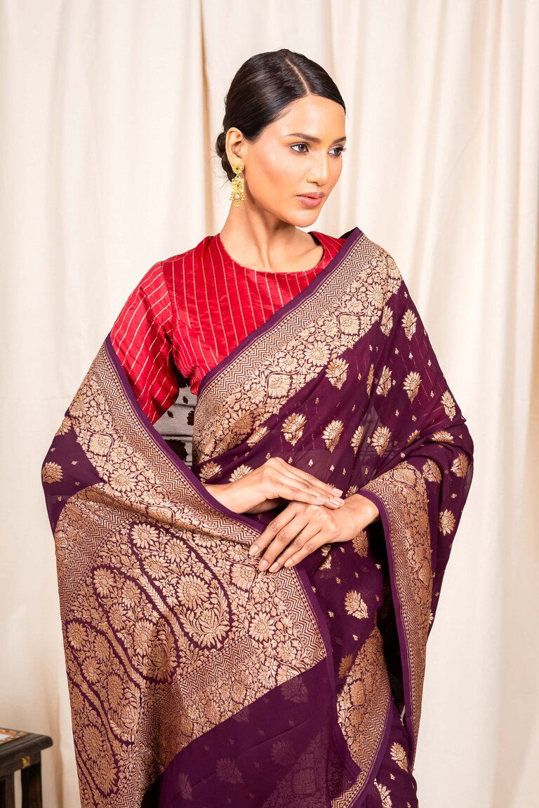Wine Khaddi Georgette Handwoven Banaras Saree