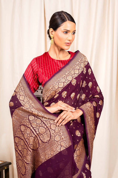 Wine Khaddi Georgette Handwoven Banaras Saree