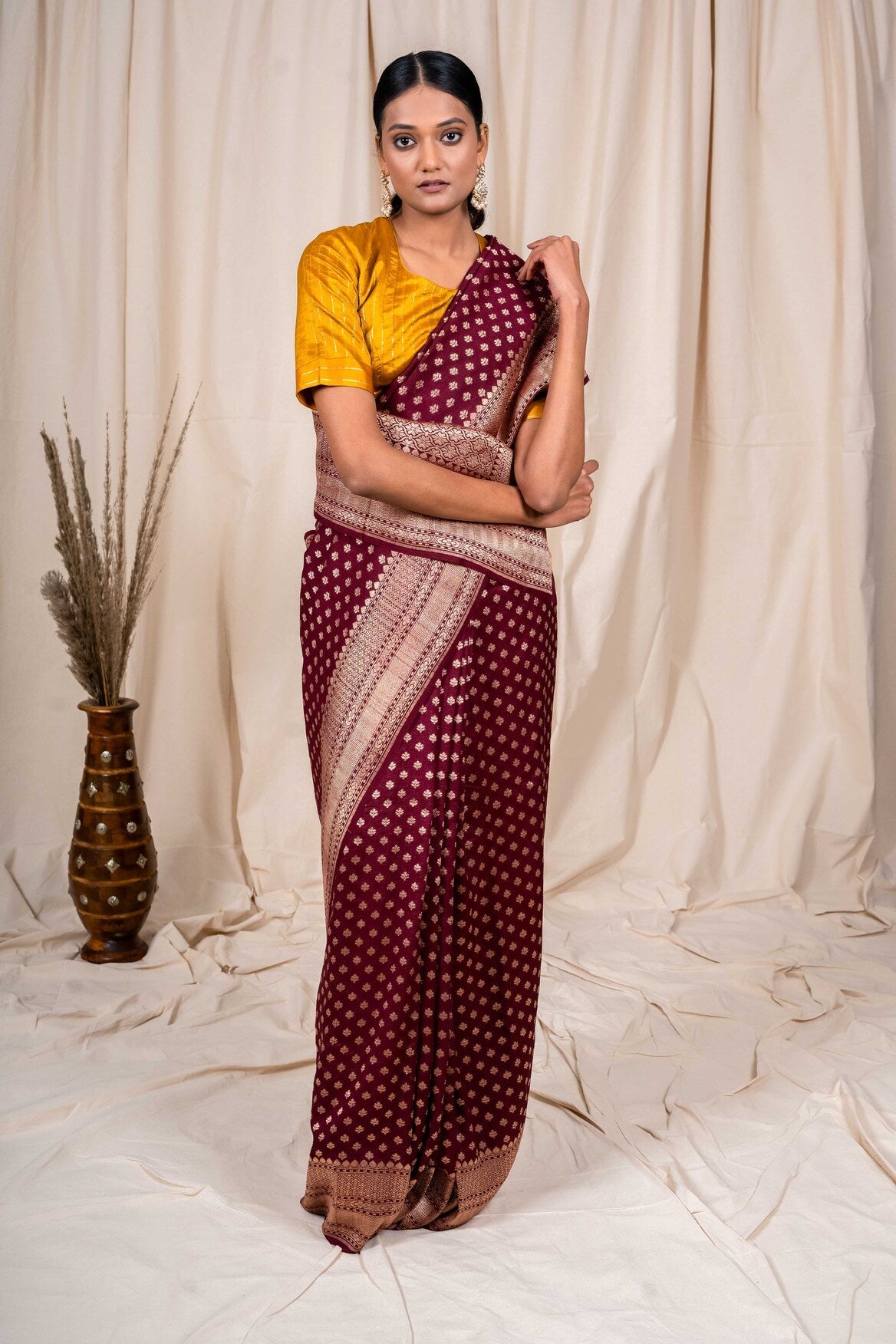 Wine Tussar Georgette Handwoven Banaras Saree