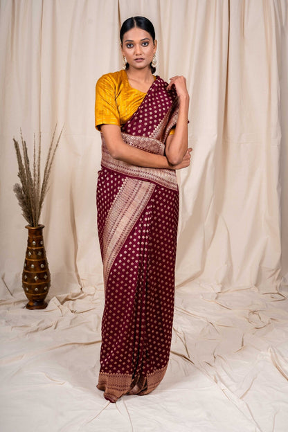 Wine Tussar Georgette Handwoven Banaras Saree