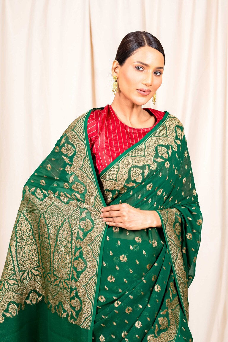 Bottle Green Khaddi Georgette Handwoven Banaras Saree