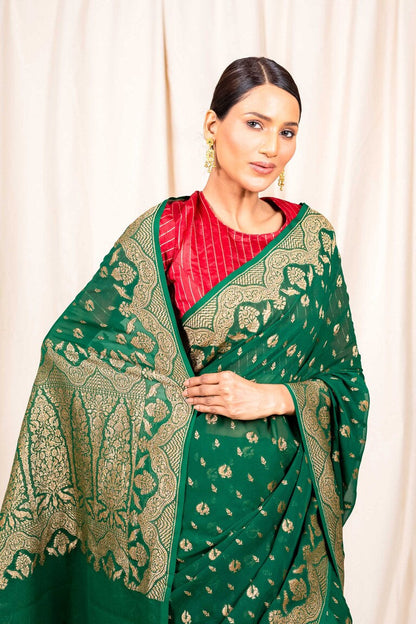 Bottle Green Khaddi Georgette Handwoven Banaras Saree