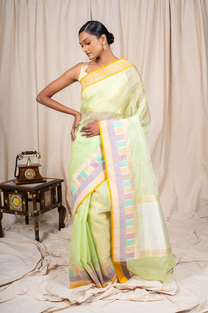 Lime Green Organza Handwoven Banaras Saree