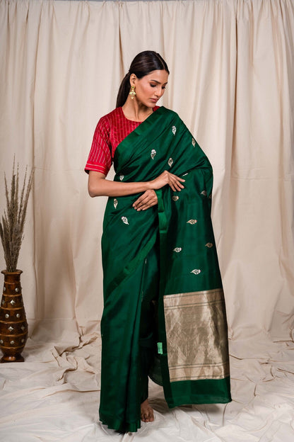 Bottle Green Soft Silk Handwoven Banaras Saree