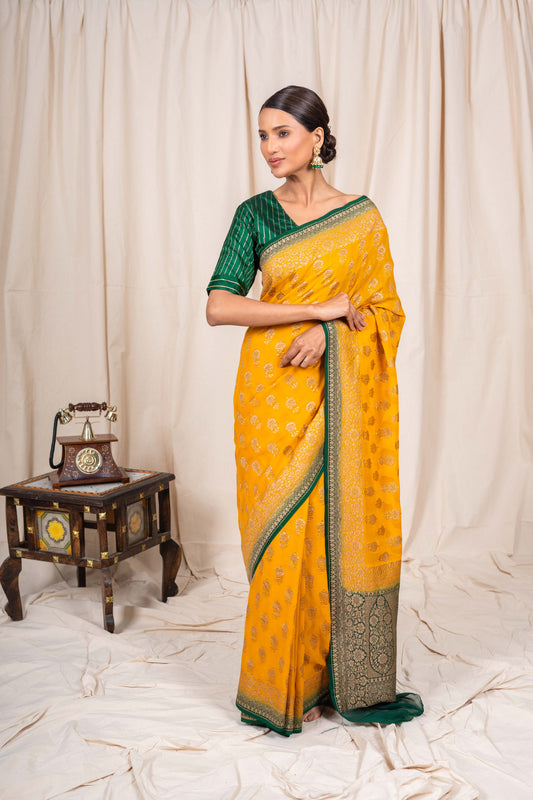 Mustard Khaddi Georgette Handwoven Banarasee Saree