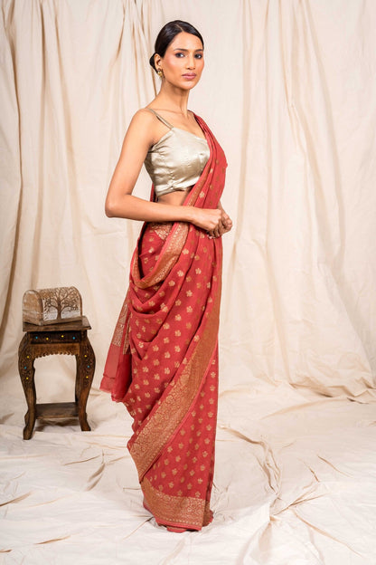 Peach Brown Khaddi Georgette Handwoven Banaras Saree