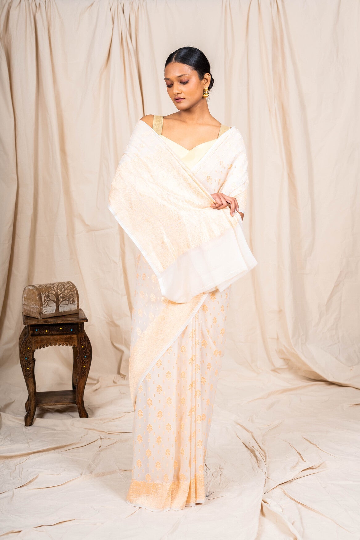 White Khaddi Georgette Handwoven Banaras Saree
