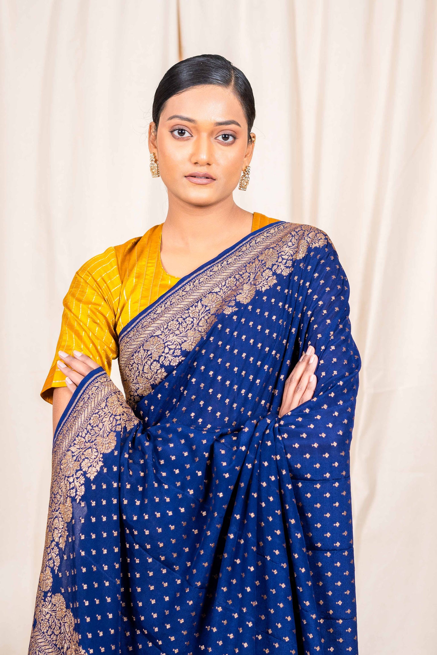 Navy Blue Crepe Silk Handwoven Banarasee Saree