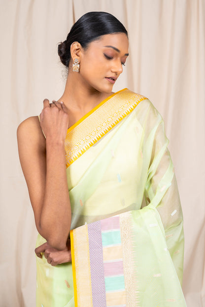 Lime Green Organza Handwoven Banaras Saree