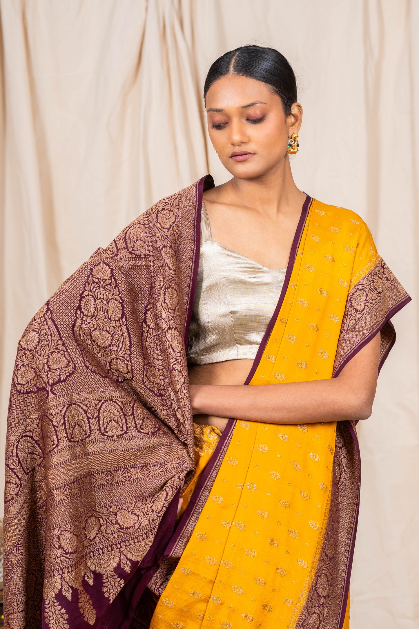 Mustard Gold Crepe Silk Banarasee Saree