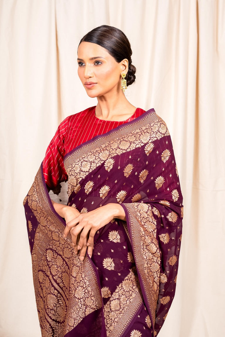 Wine Khaddi Georgette Handwoven Banaras Saree