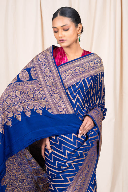 Navy Blue Banarasee Handwoven Saree