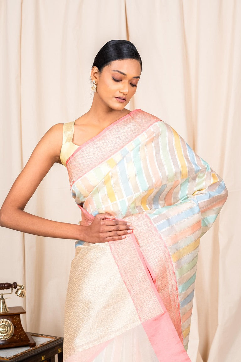 Off White Organza Silk Handwoven Banaras Saree