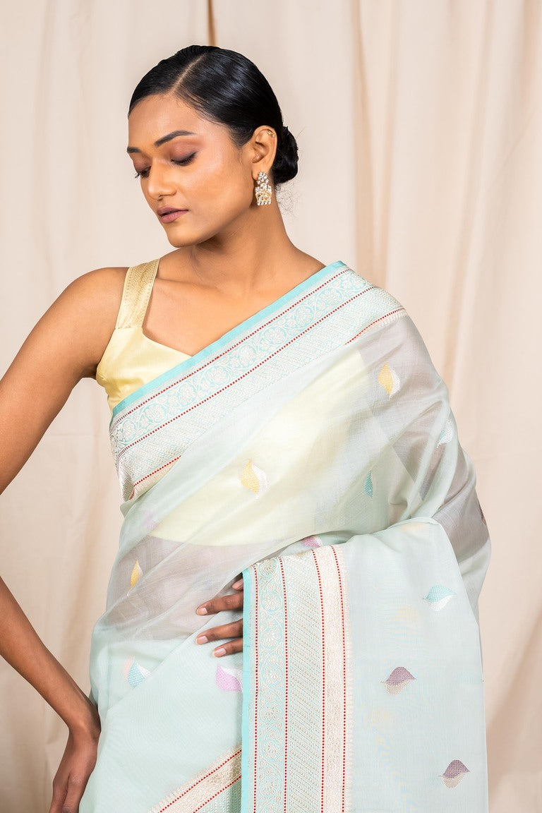 Sky Blue Organza Silk Handwoven Banaras Saree