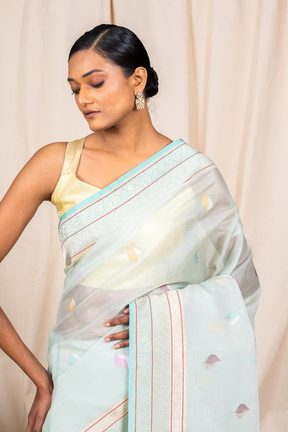 Sky Blue Organza Silk Handwoven Banaras Saree