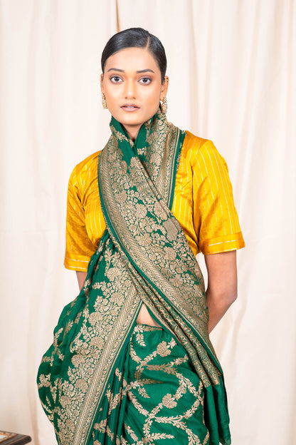 Bottle Green Banarasee Handwoven Saree