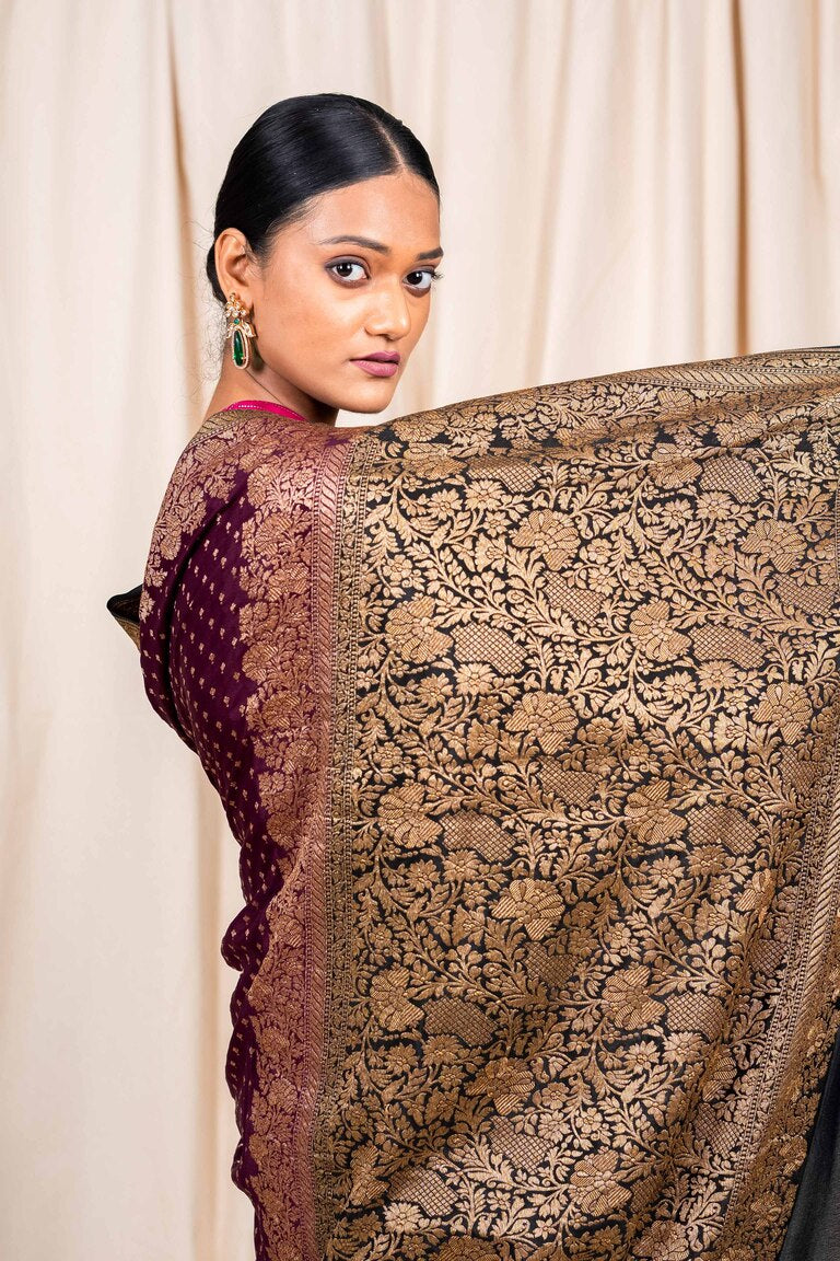 Wine Crepe Silk Handwoven Banarasee Saree