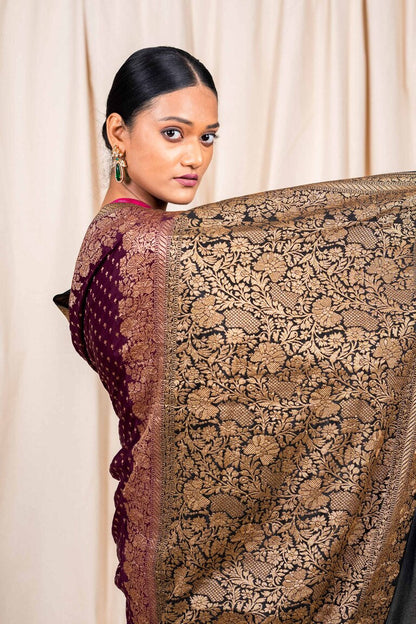 Wine Crepe Silk Handwoven Banarasee Saree