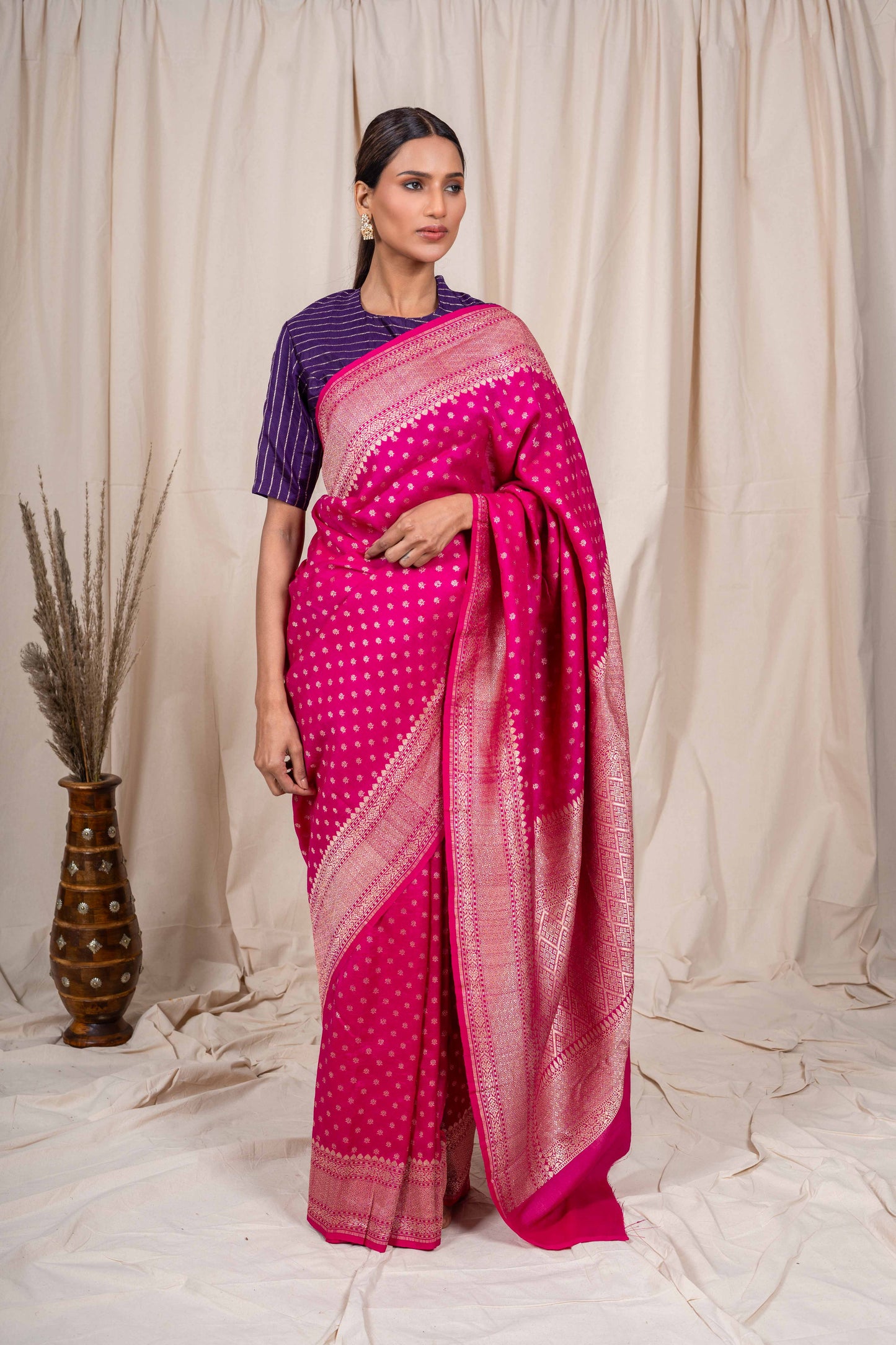 Rani Pink Tussar Georgette Banarasi Handwoven Saree