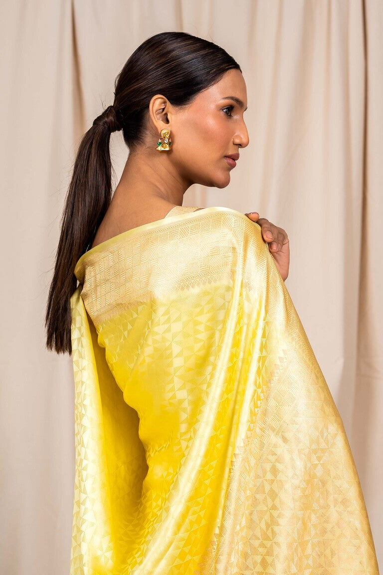 Lemon Yellow Mashru Satin Handwoven Banarasee Saree
