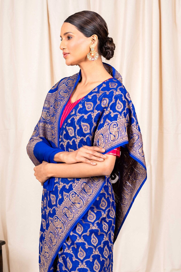 Royal Blue Khaddi Georgette Handwoven Banaras Saree