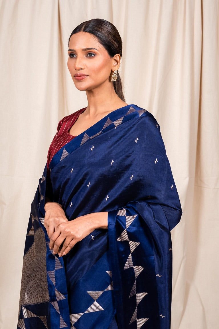 Navy Blue Soft Silk Handwoven Banaras Saree