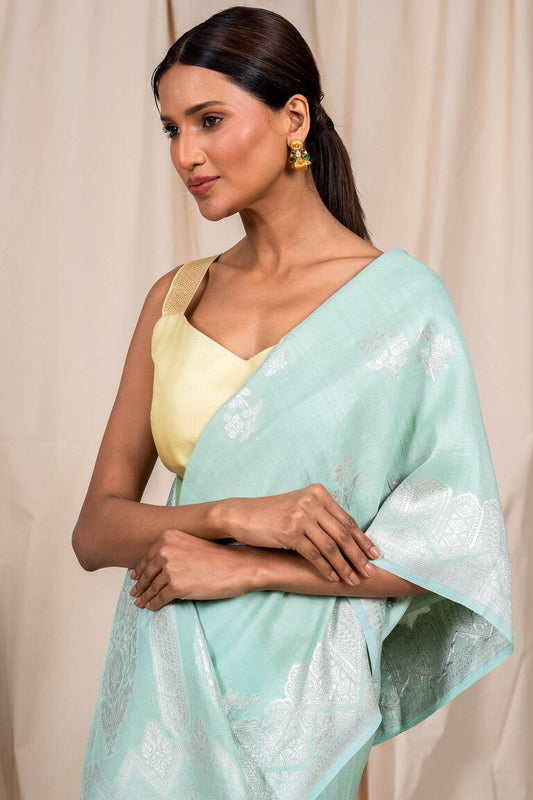 Sky Blue Tussar Georgette Handwoven Banaras Saree