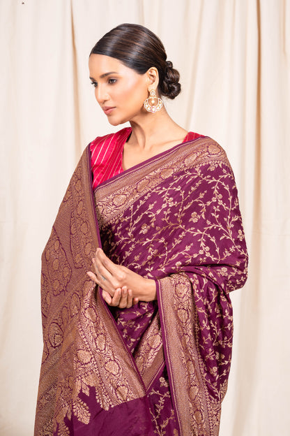 Wine Banarasee Handwoven Saree