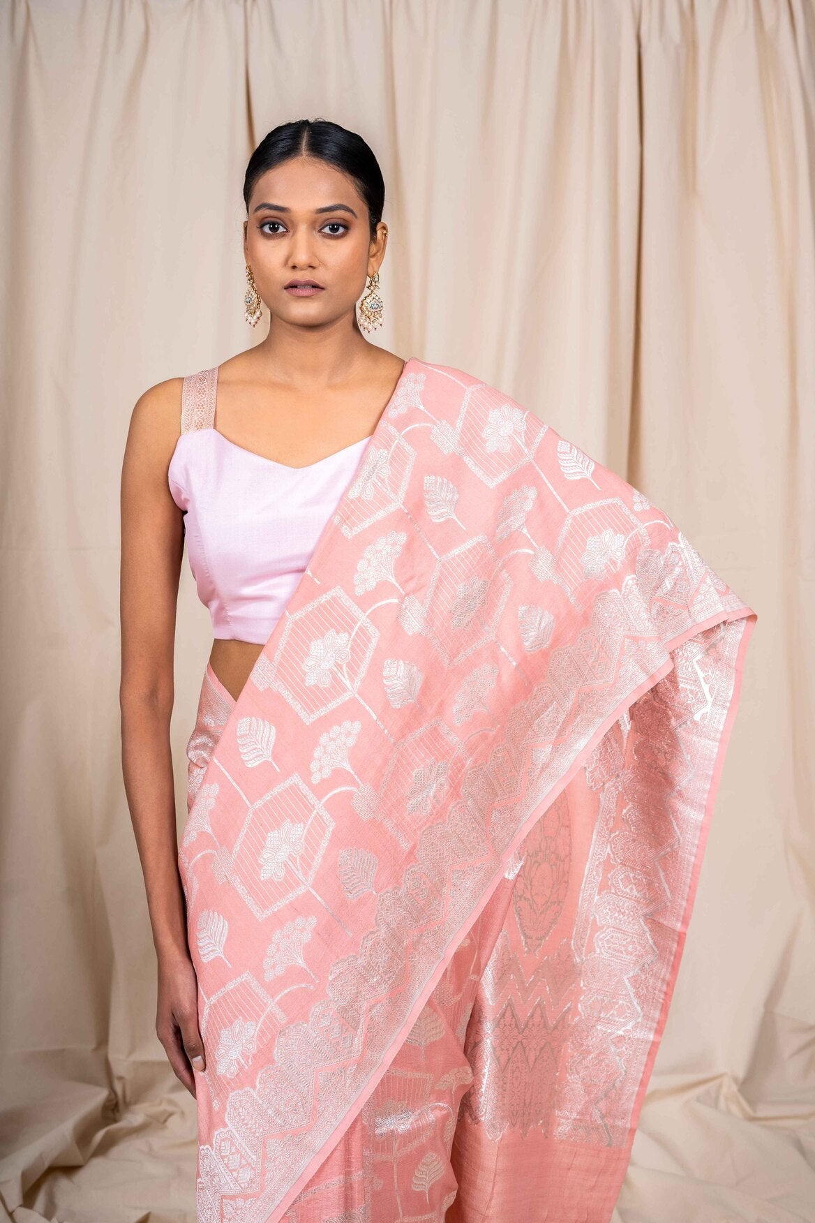Baby Pink Tussar Georgette Handwoven Banaras Saree