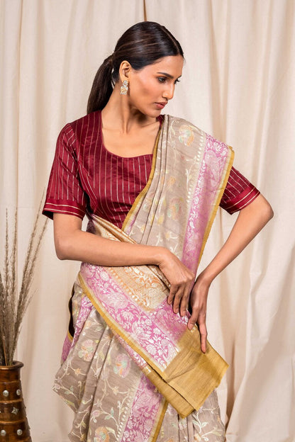 Grey Tussar Georgette Handwoven Banaras Saree