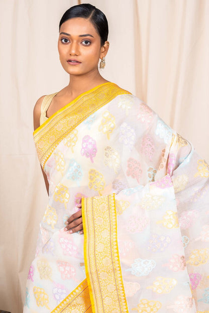 Off White Organza Silk Handwoven Banaras Saree