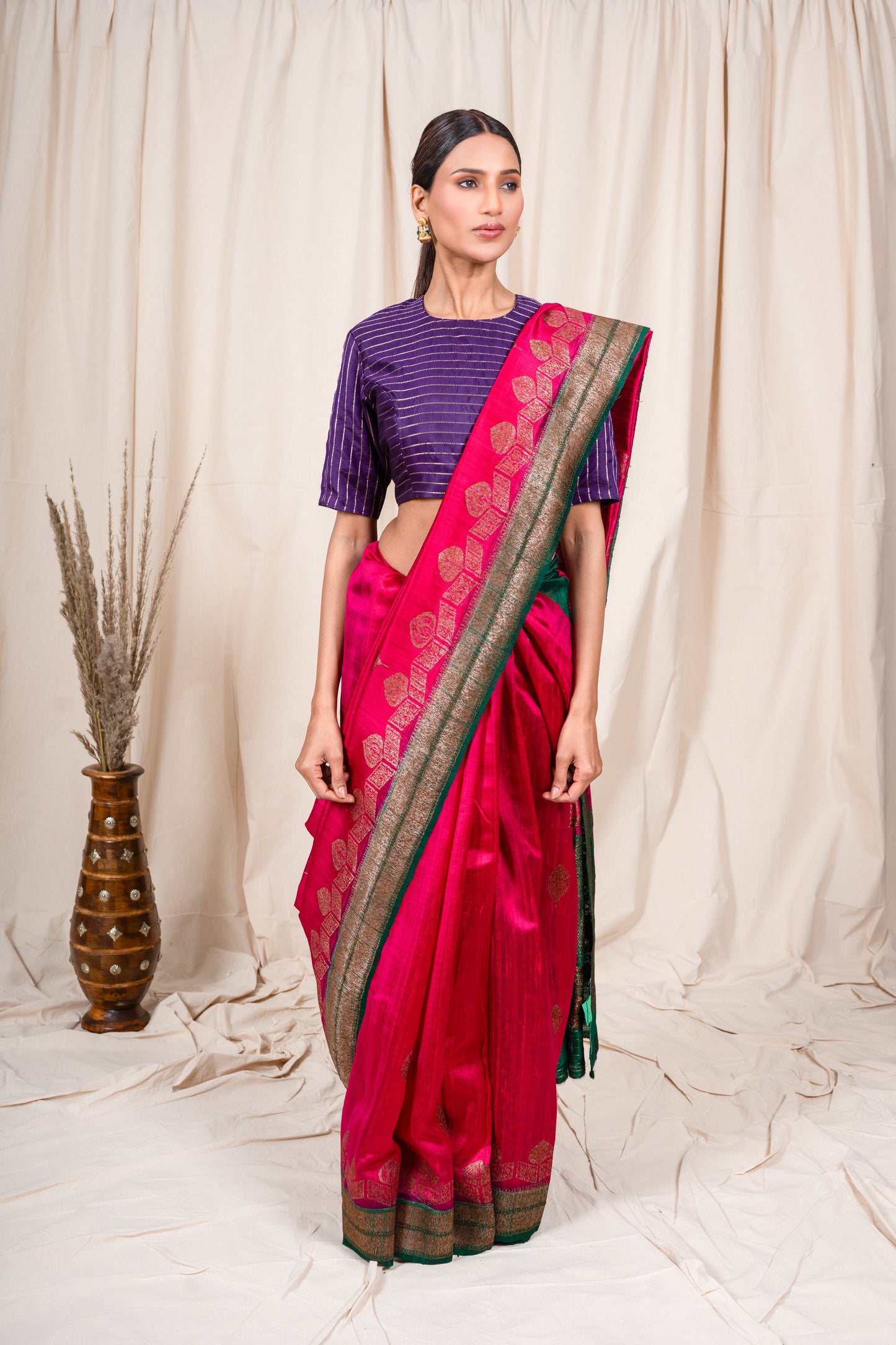 Rani Pink Raw Silk Banarasee Handwoven Saree
