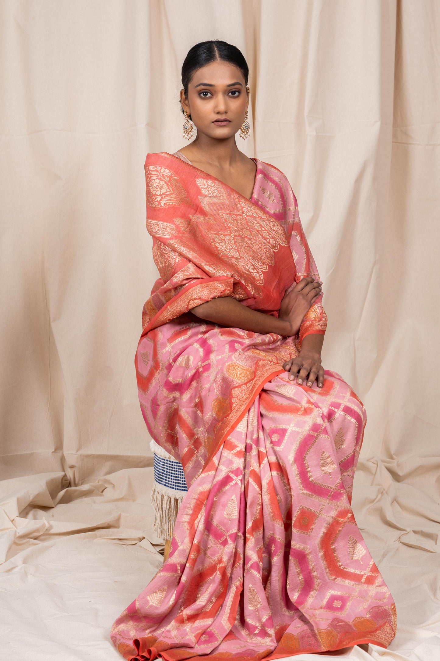 Pink Tussar georgette Banarasee Handwoven Saree