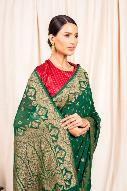 Bottle Green Khaddi Georgette Handwoven Banaras Saree