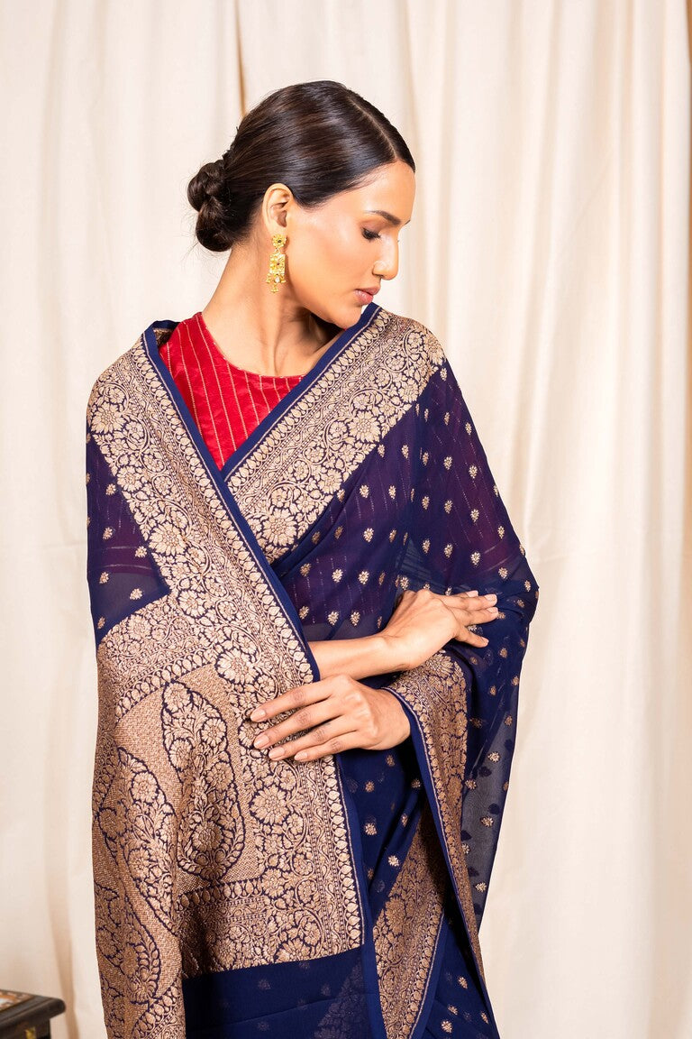 Navy Blue Khaddi Georgette Handwoven Banaras Saree