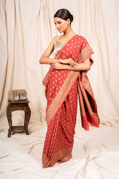 Peach Brown Khaddi Georgette Handwoven Banaras Saree