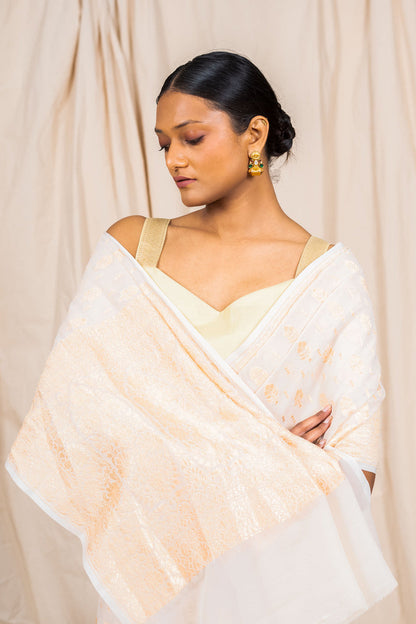 White Khaddi Georgette Handwoven Banaras Saree