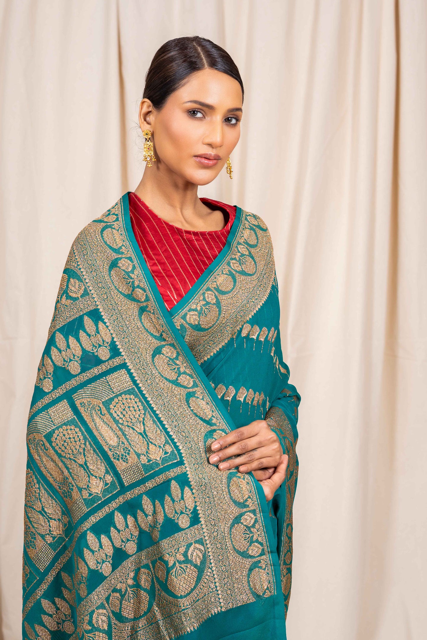 Rama Green Khaddi Georgette Handwoven Banarasee Saree