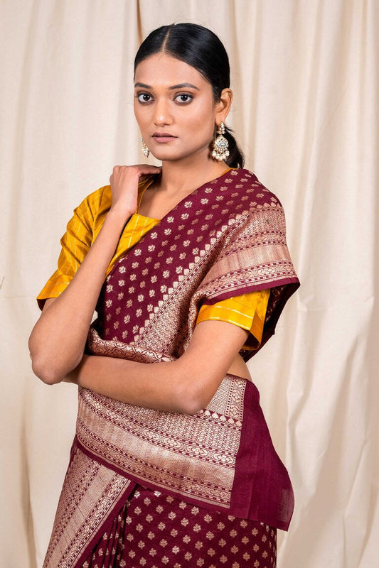 Wine Tussar Georgette Handwoven Banaras Saree
