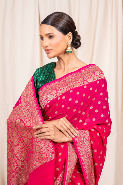 Rani Pink Khaddi Georgette Handwoven Banarasee Saree