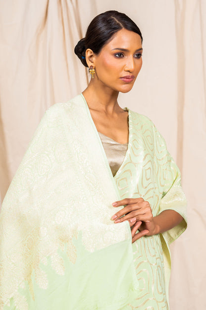 Pastel Sea Green Crepe Silk Handwoven Banarasee Saree